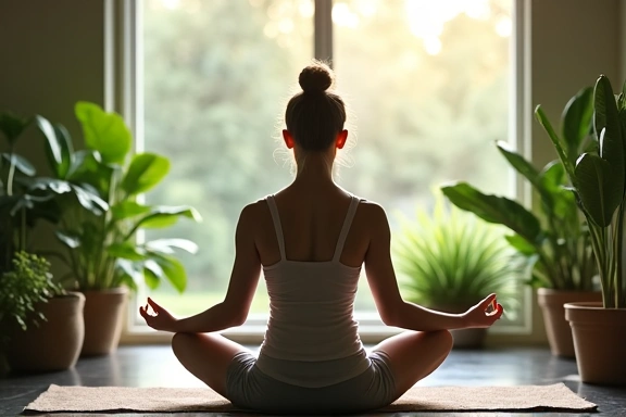 Una persona che medita in un ambiente sereno, con piante verdi e luce naturale, che simboleggia la riduzione dello stress e il benessere mentale.