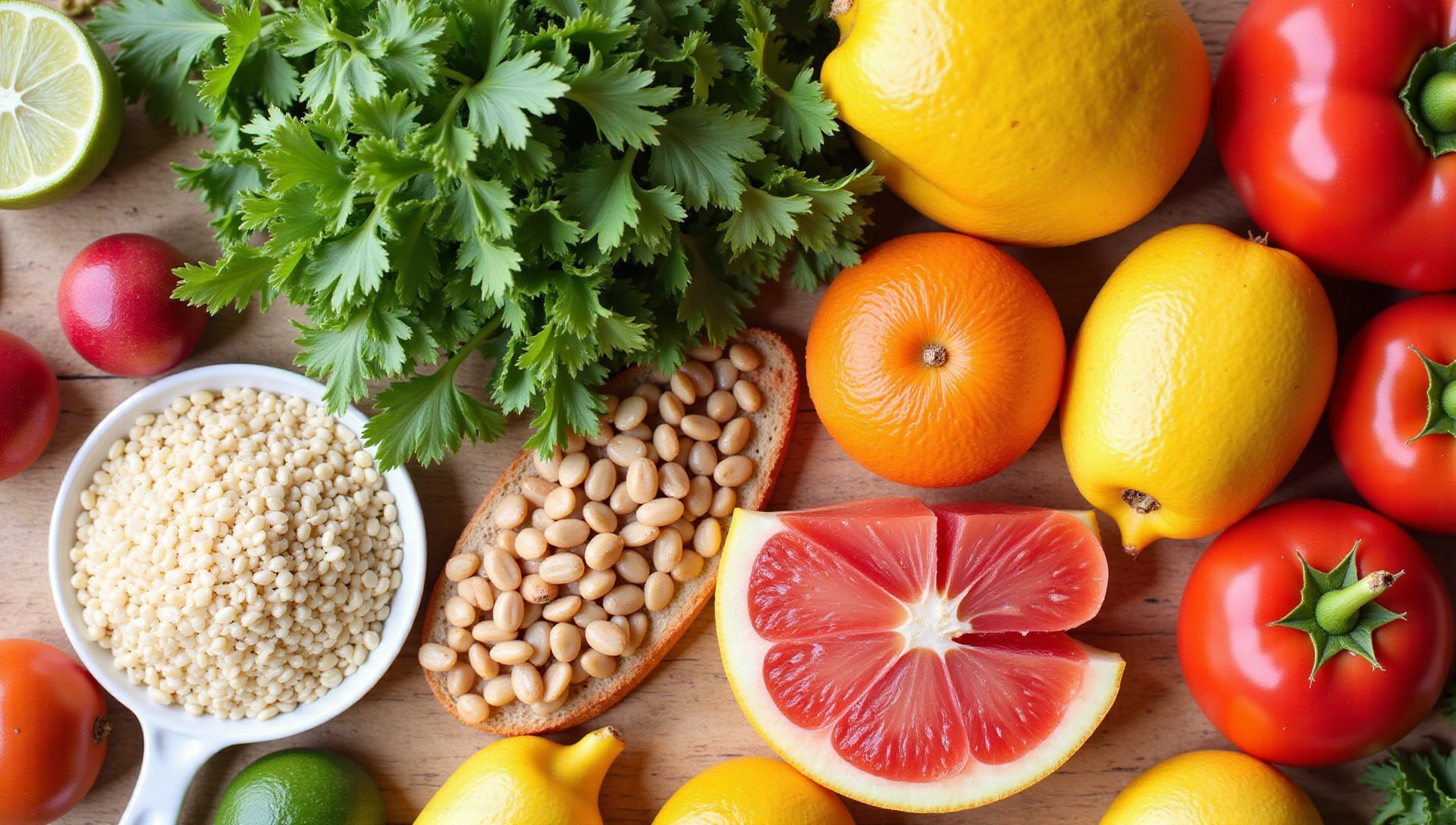 Frutta fresca, verdura e cereali integrali che evocano salute e benessere